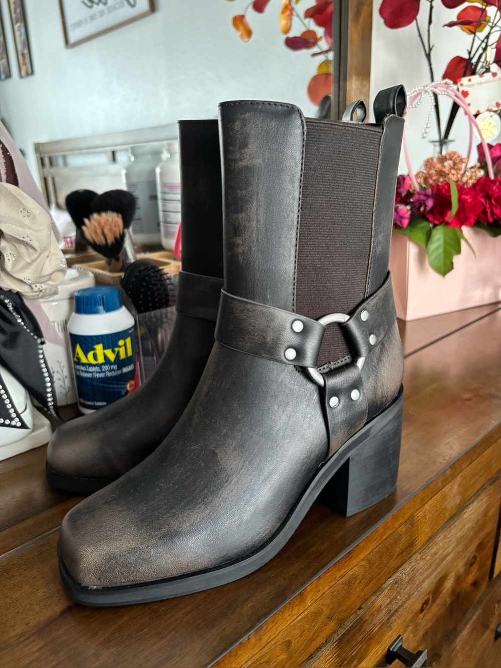 Women's Black Distressed Leather Harness Boot